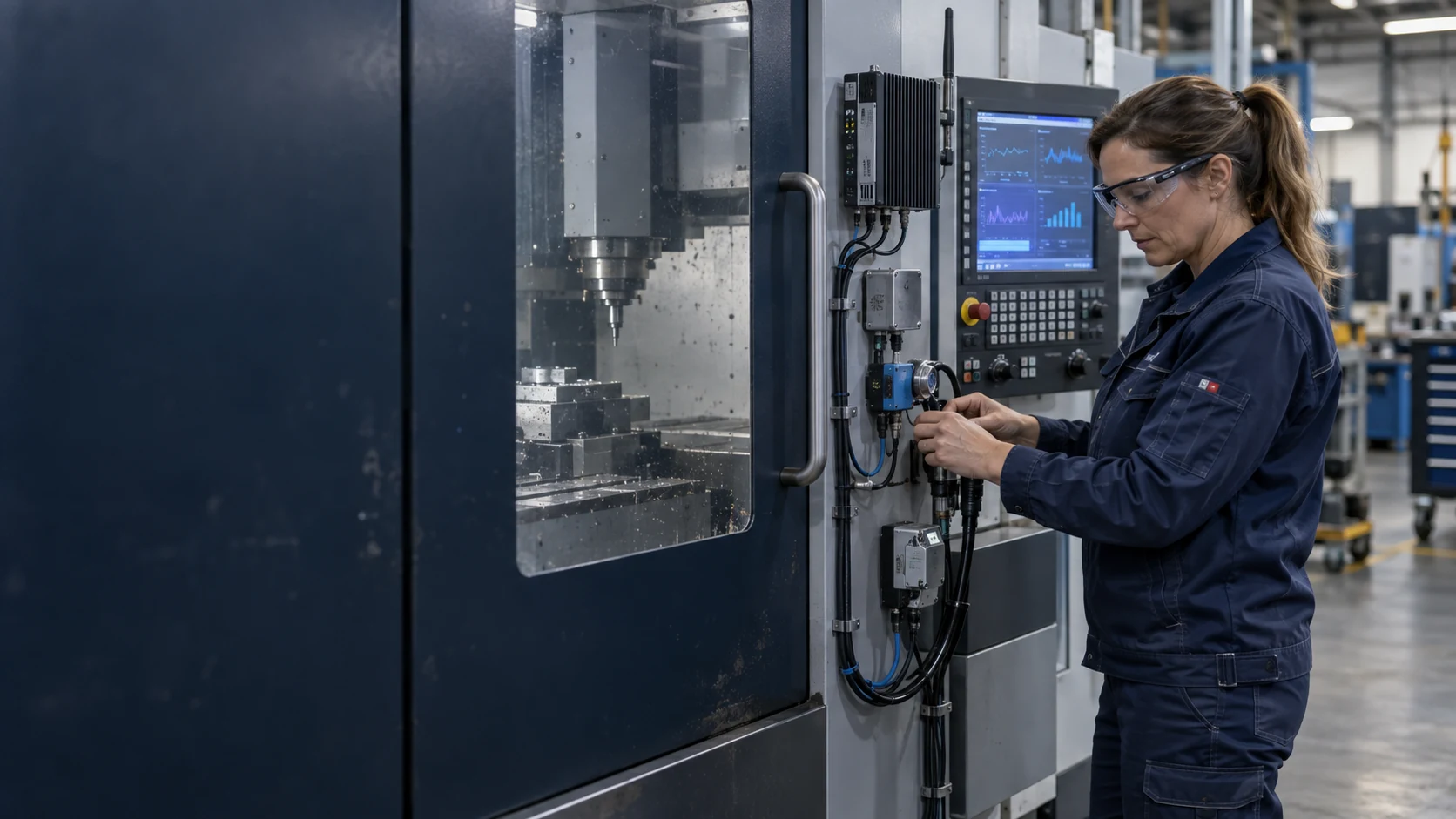 Technician receiving assistance through XR glasses at industrial equipment